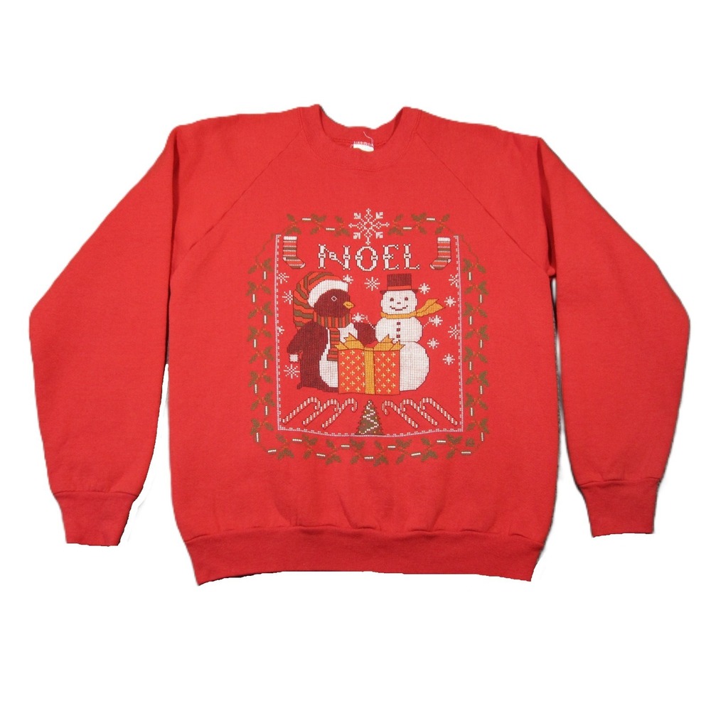Vtg Snowman‎ Penguin Sweatshirt L Red Crewneck Cozy Holiday Christmas 80s 90s
